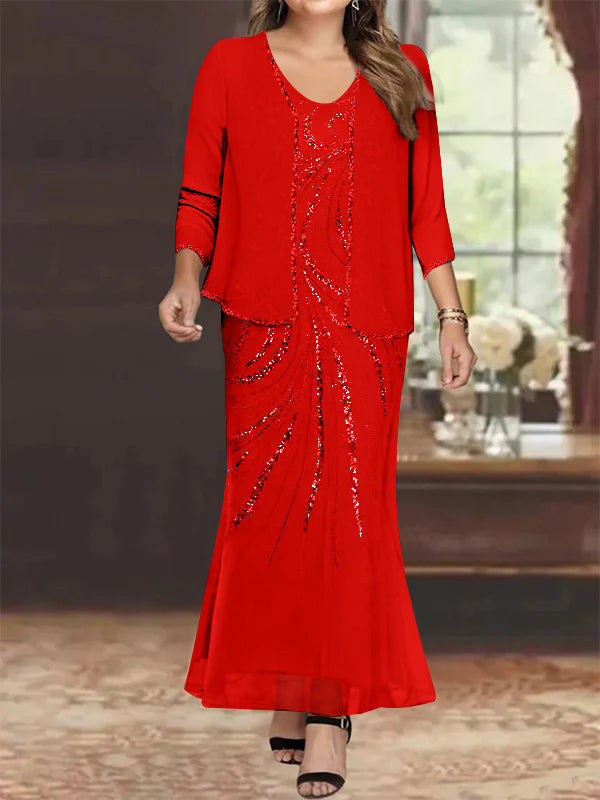 Plus Size V Neck Ankle Length Sheath Column Mother of the Bride Dress with Sequins & Jacket