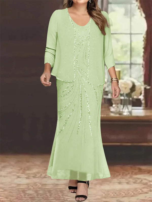 Plus Size V Neck Ankle Length Sheath Column Mother of the Bride Dress with Sequins & Jacket