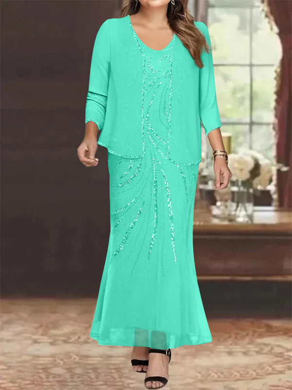 Plus Size V Neck Ankle Length Sheath Column Mother of the Bride Dress with Sequins & Jacket