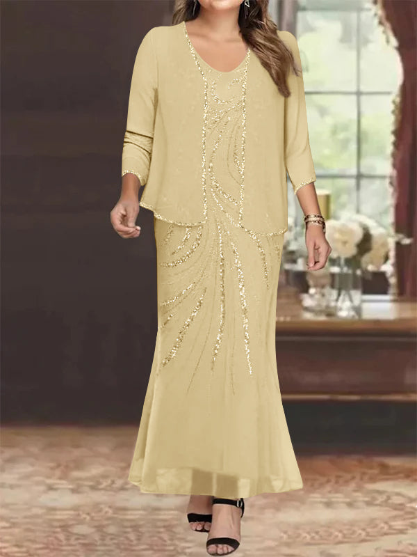 Plus Size V Neck Ankle Length Sheath Column Mother of the Bride Dress with Sequins & Jacket