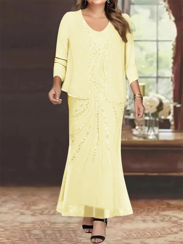 Plus Size V Neck Ankle Length Sheath Column Mother of the Bride Dress with Sequins & Jacket