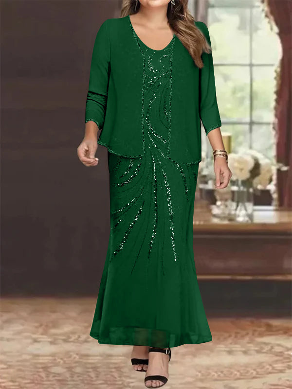 Plus Size V Neck Ankle Length Sheath Column Mother of the Bride Dress with Sequins & Jacket