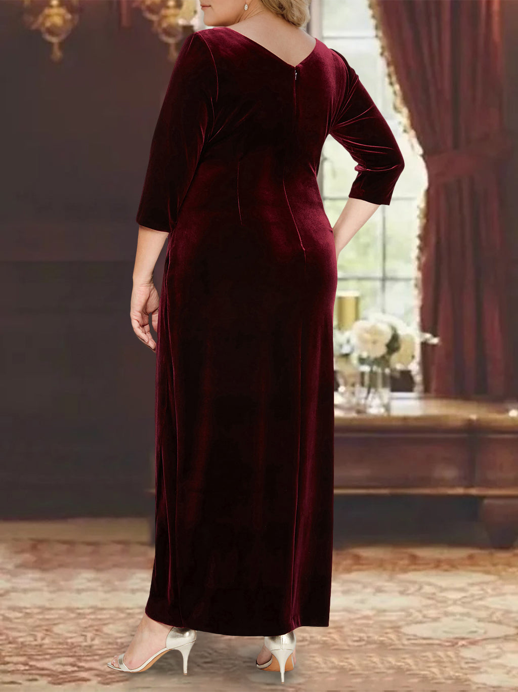 Plus Size V Neck A Line Mother of the Bride Dress with 3/4 Sleeves and Asymmetrical Ruffles