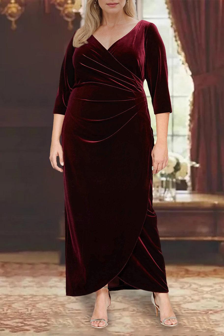 Plus Size V Neck A Line Mother of the Bride Dress with 3/4 Sleeves and Asymmetrical Ruffles