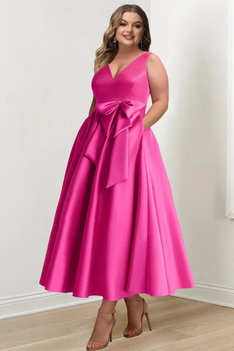 Plus Size V Neck Sleeveless A Line Mother of the Bride Dress with Pockets and Ruffles Ankle Length