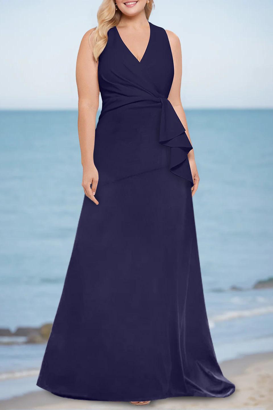 Plus Size V Neck Sleeveless Long Trumpet Mermaid Mother of the Bride Dress with Ruffles