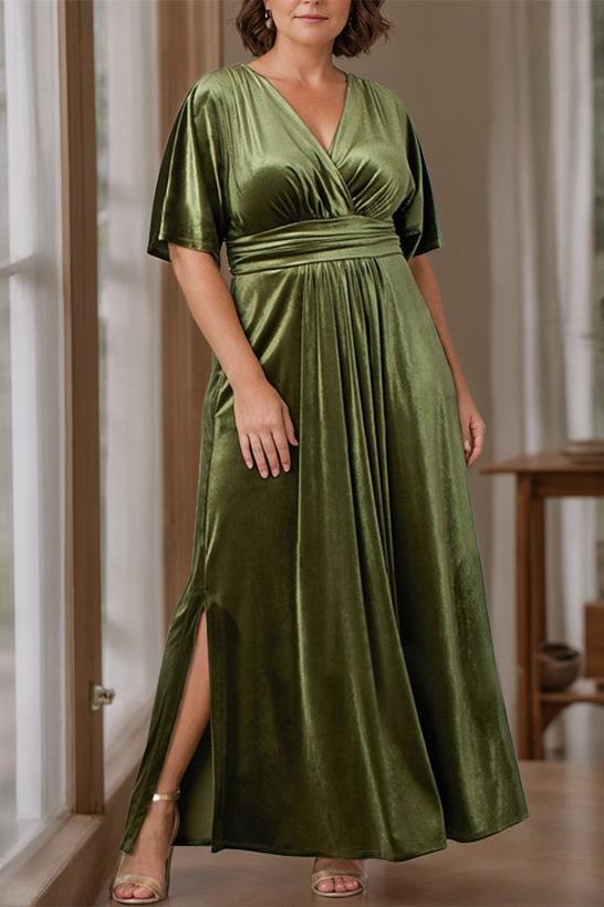 Plus Size Velvet Mother of the Bride A Line Dress with V Neck Half Sleeves and Ruffles