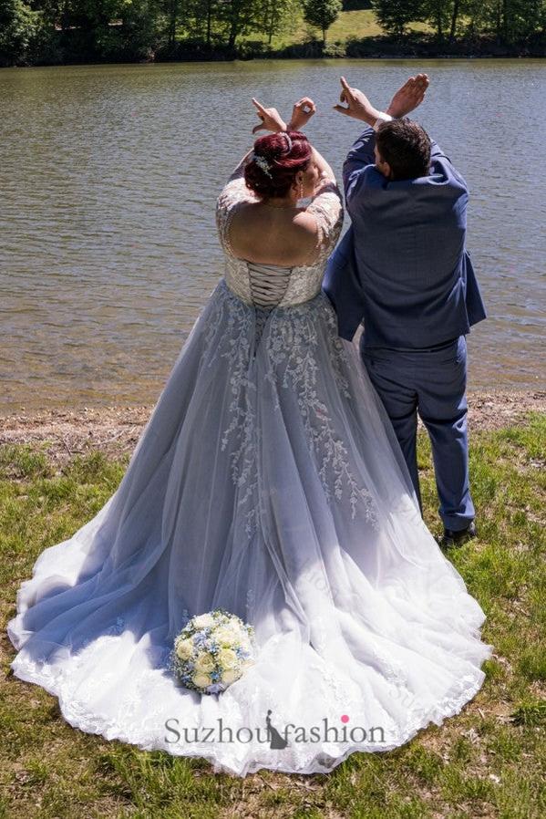 Plus Size Wedding Dress 3/4 Sleeve A Line Tulle Bridal Gown with Lace Appliques