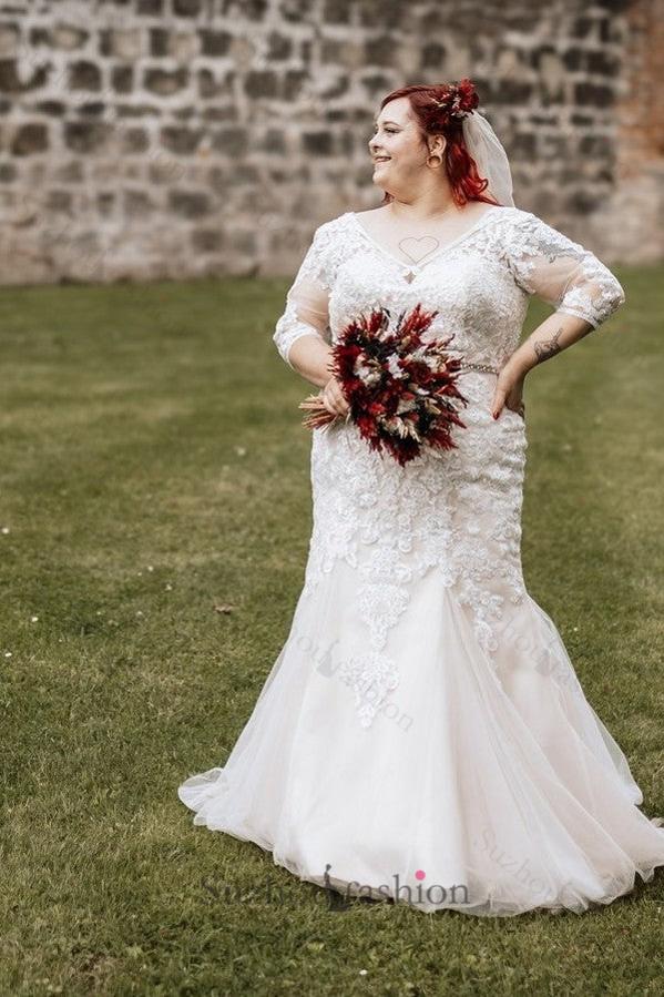 Plus Size Wedding Dress 3/4 Sleeve Tulle Mermaid Bridal Gown with Lace Appliques