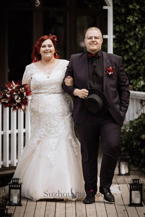 Plus Size Wedding Dress 3/4 Sleeve Tulle Mermaid Bridal Gown with Lace Appliques