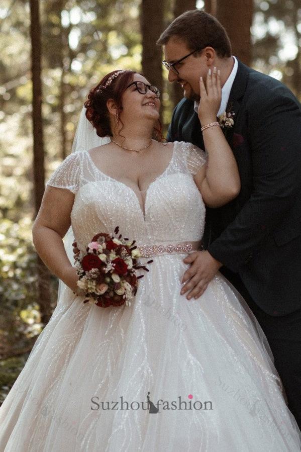 Plus Size Wedding Dress V Neck Sparkly Cap Sleeve A Line Bridal Gown