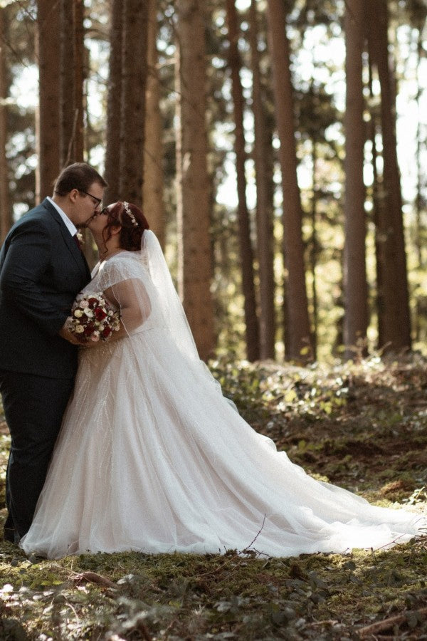 Plus Size Wedding Dress V Neck Sparkly Cap Sleeve A Line Bridal Gown