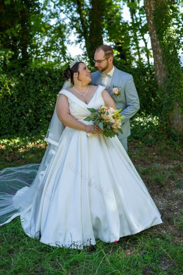 Plus Size Wedding Dresses V Neck A Line Satin Bridal Gowns