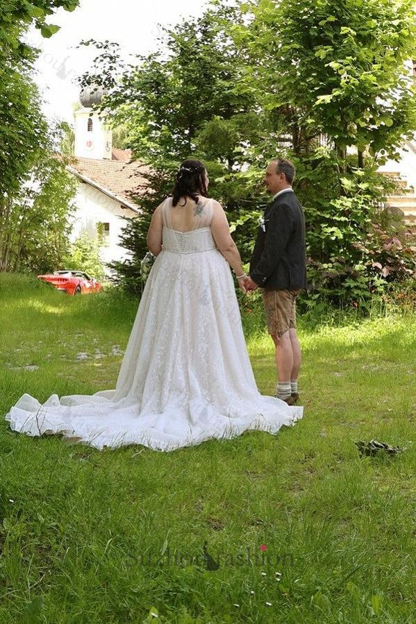Plus Size Wedding Dresses V Neck A Line Tulle Lace Bridal Gowns