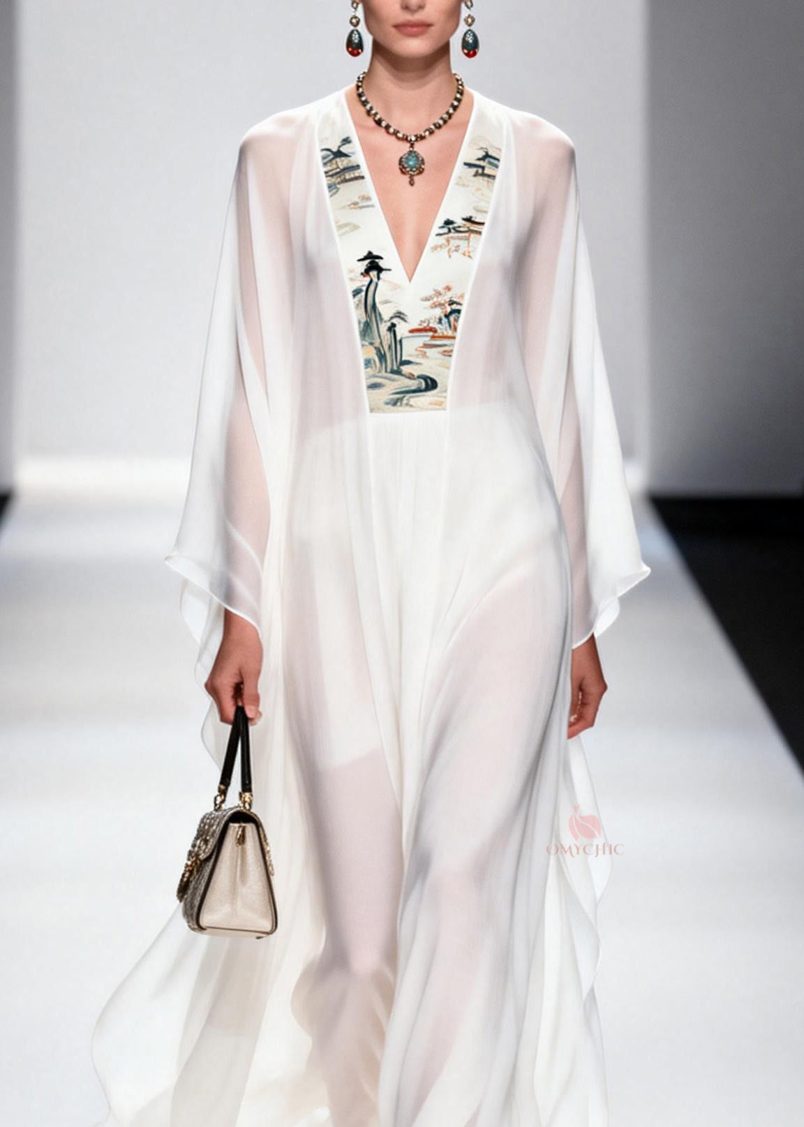 Plus Size White V Neck Patchwork Chiffon Long Dresses Spring