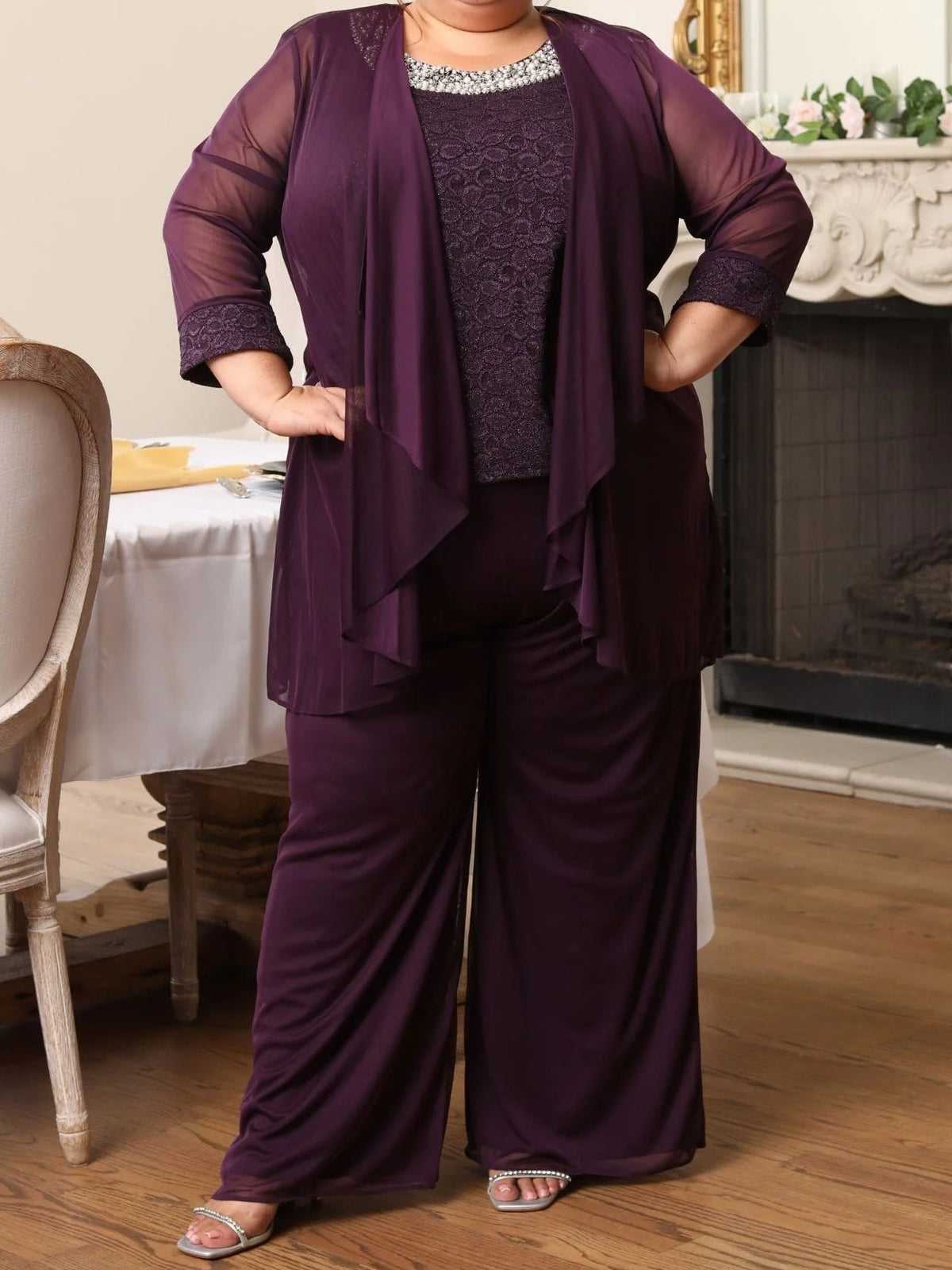 Plus size 3/4 sleeve round neck polyester mother of the bride dress set with jacket
