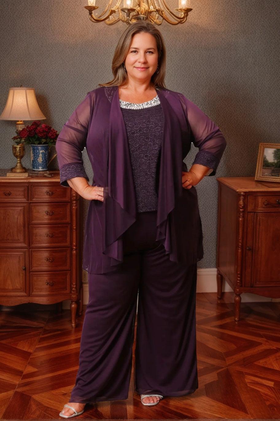 Plus size 3/4 sleeve round neck polyester mother of the bride dress set with jacket