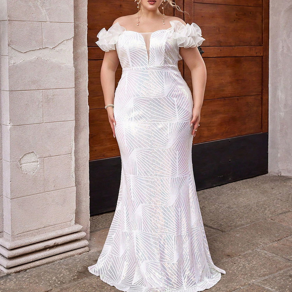 Plus Size Dress Puff Sleeve Sequin Stitching Cocktail Party Tube Top Dress