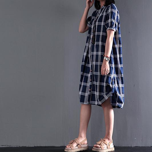 Plus size cotton sundress plaid summer shift dresses long blouse short sleeve