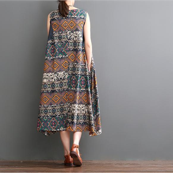 Plus size summer linen dress floral print sleeveless sundress maxi dresses