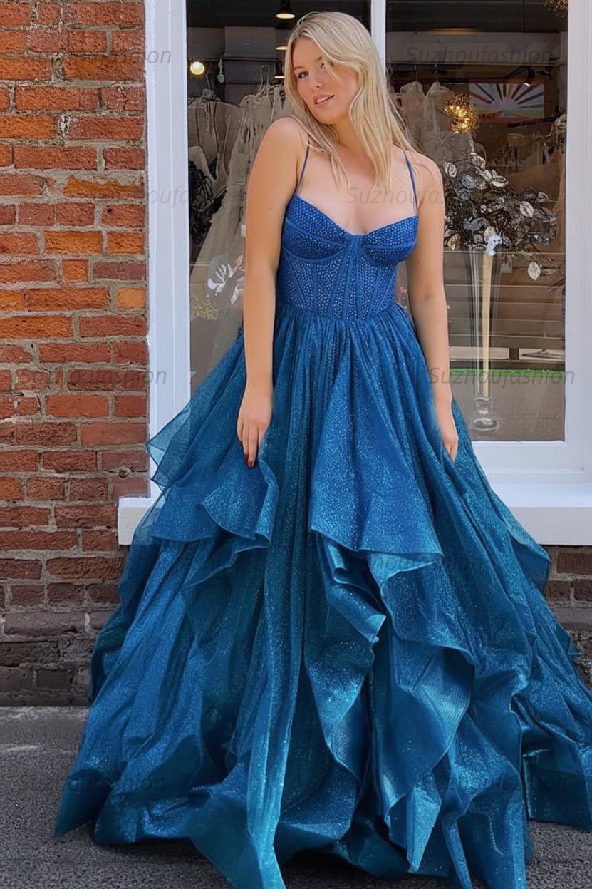 Dark Green A Line Long Corset Prom Dress With Ruffles