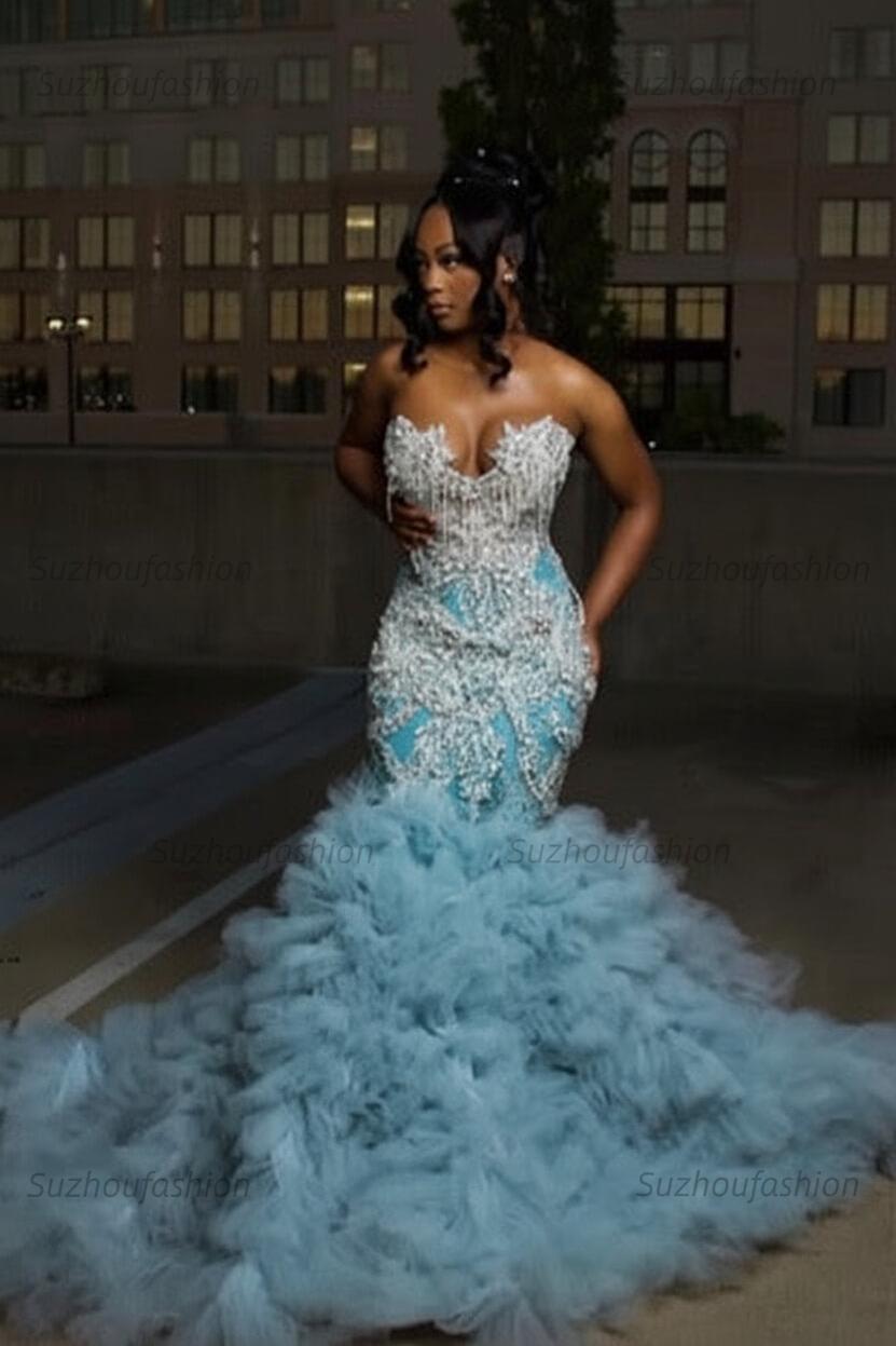Mermaid Sweetheart Prom Dress Ruffled Sleeveless Formal Evening Gown with Rhinestones and Beadings