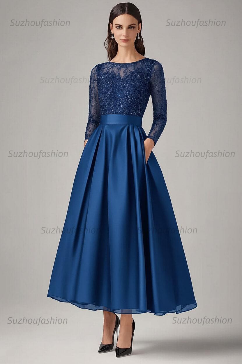 Navy Wedding Guest Dress Beaded A Line Long Sleeves Formal Dress With Lace