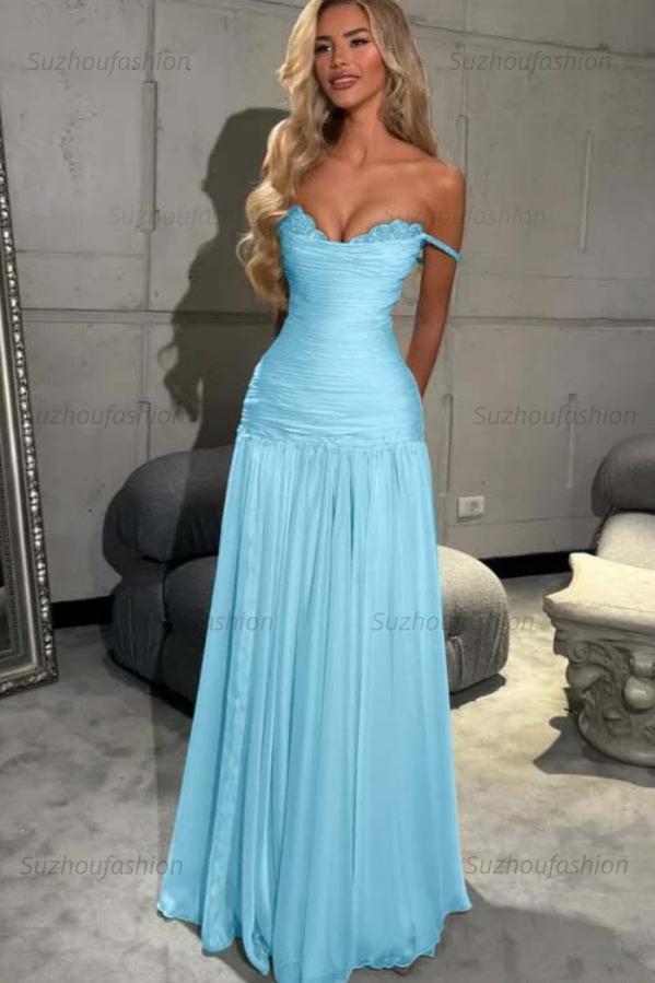 Off The Shoulder Prom Dress Sleeveless Pleated A Line Formal Evening Gown