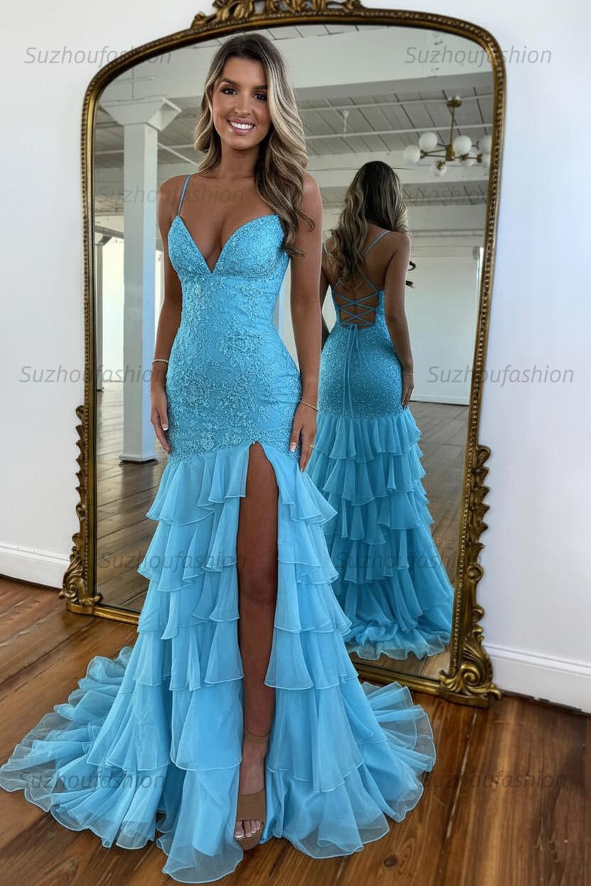 Suzhoufashion Mermaid Spaghetti Straps Lace Up Long Prom Dress With Ruffle Skirt Formal Evening Gown