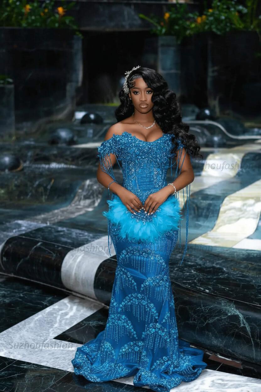 Off the Shoulder Prom Dress Mermaid Formal Evening Dress with Beadings and Rhinestones