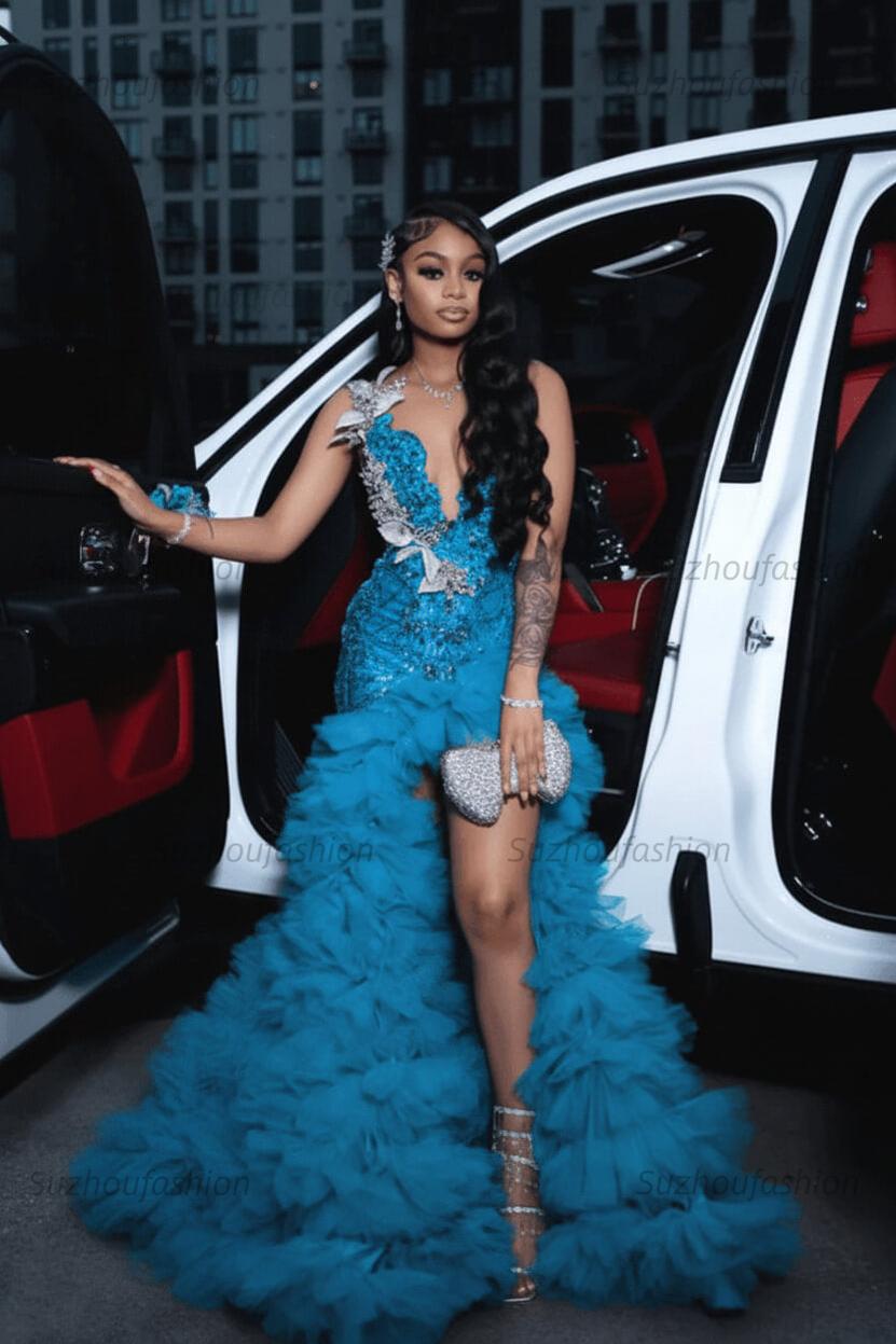 Red Tulle Ruffled Prom Dress Sequined V Neck Formal Evening Gown with 3D Flowers