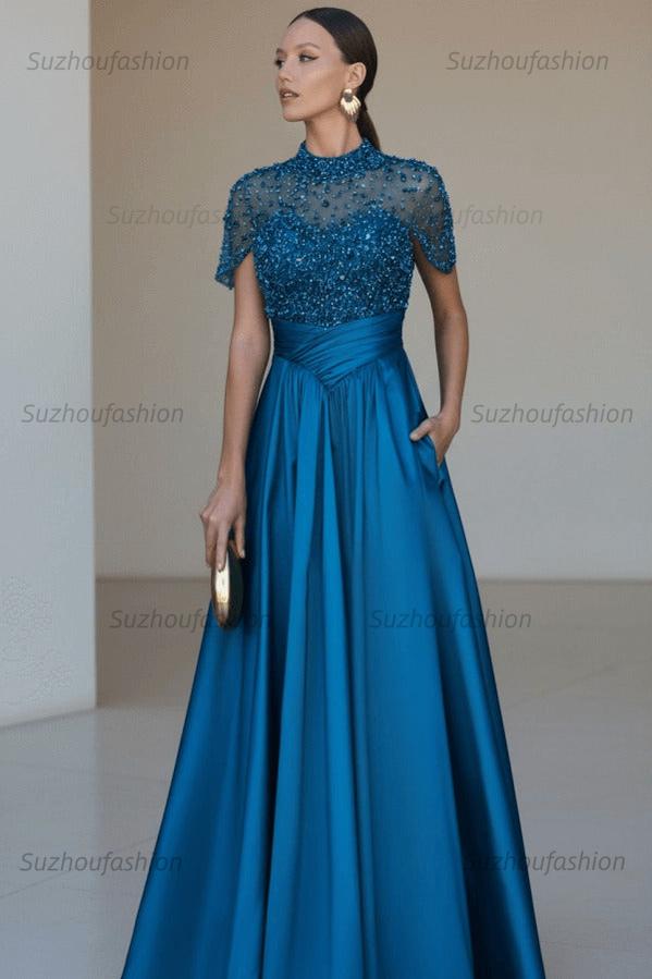 High Neck Short Sleeves Long Evening Formal Dress With Beading Pockets