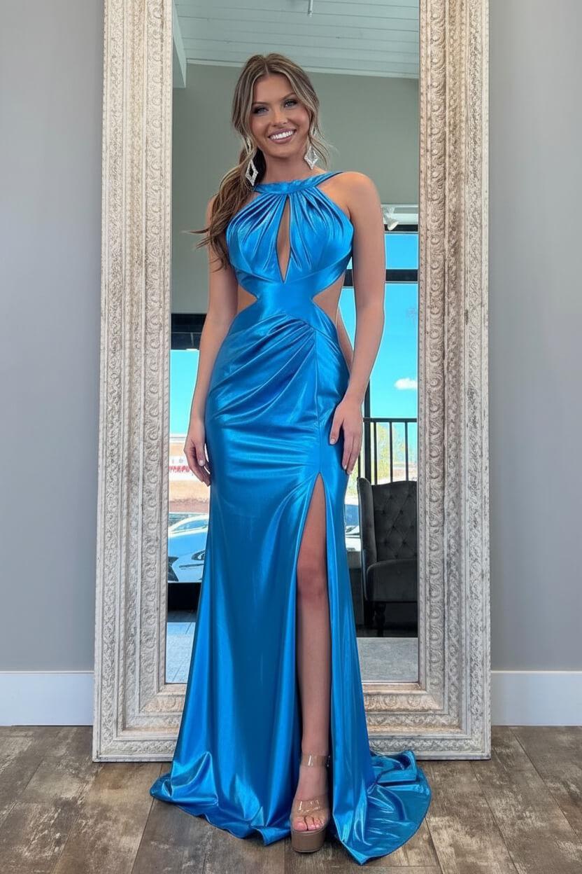 Suzhoufashion Stylish Fuchsia Metallic Mermaid Prom Dress With Slit And Open Back Formal Evening Gown