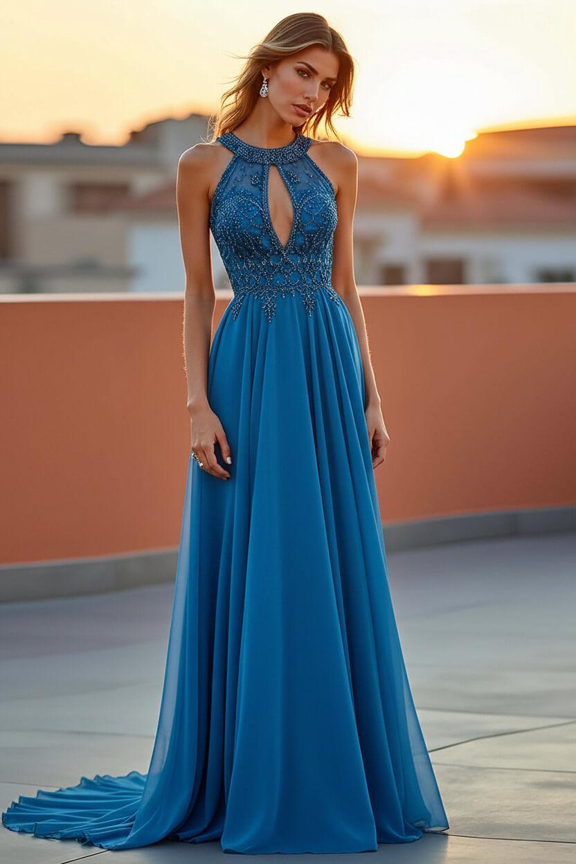 Beaded Navy Wedding Guest Dress Halter Long Formal Dress With Embroideries