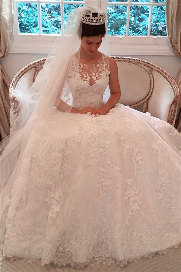 Popular  Scoop Lace A Line Wedding Dresses Applique Long Train Elegant Bridal Gowns With Buttons Back BA7479
