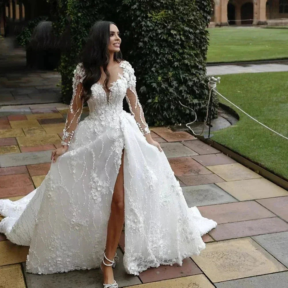Pretty Gorgeous Long Sleeved Fluffy Beautiful High Fork Wedding Dresses Bridal V-Neck Appliques Bride Gown Beach Custom Made (ZD14258)
