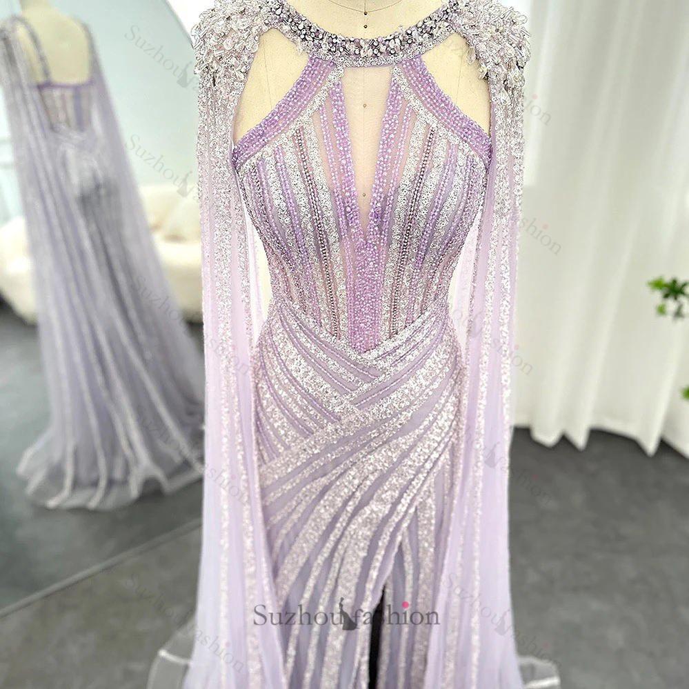 Pretty Lilac Scoop Mermaid Evening Dress Split With Beadings Ruffle