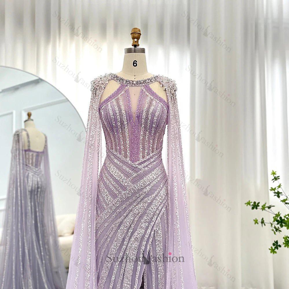 Pretty Lilac Scoop Mermaid Evening Dress Split With Beadings Ruffle