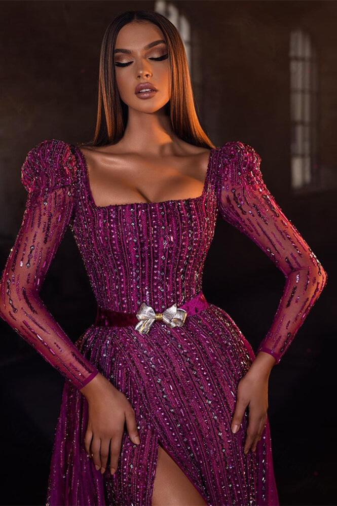 Pretty Purple Square Prom Dress Mermaid Long Sleeves Beadings With Split