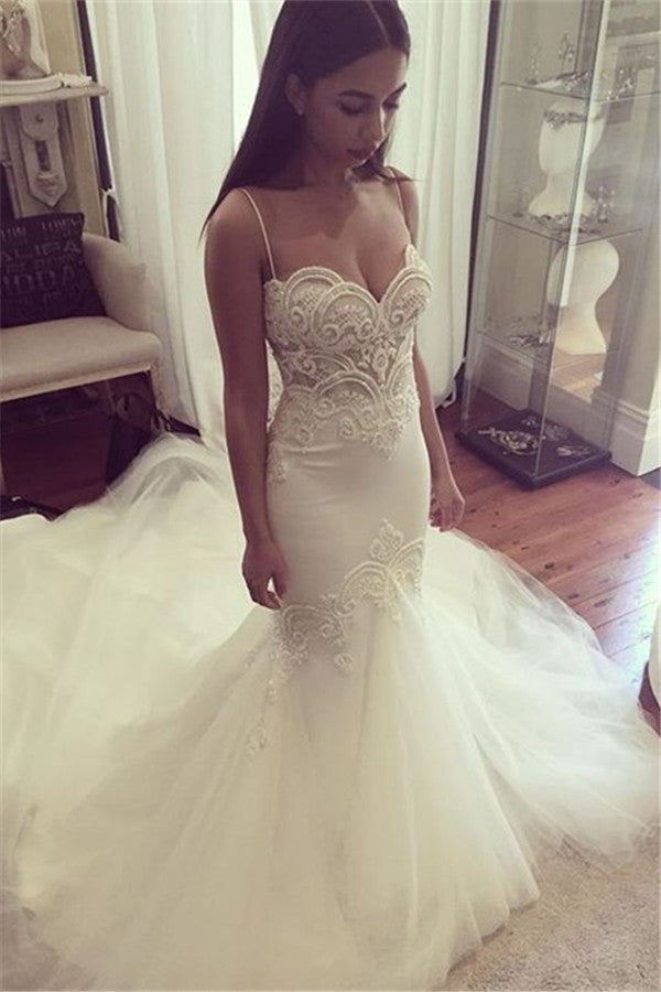 Pretty Spaghetti Straps Sweetheart Wedding Dress  Summer Sheath Tulle Bridal Gown