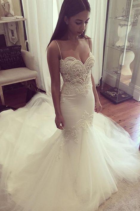 Pretty Spaghetti Straps Sweetheart Wedding Dress  Summer Sheath Tulle Bridal Gown