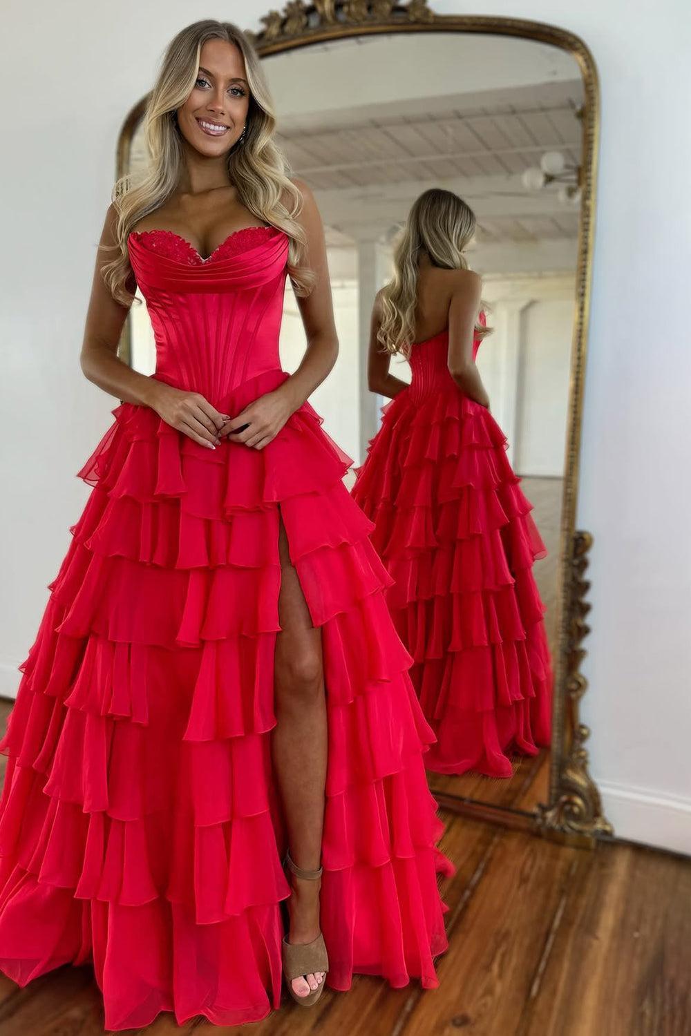 Suzhoufashion Pretty Sweetheart A-Line Satin Top Long Layered Chiffon Prom Dress With Slit Formal Evening Gown