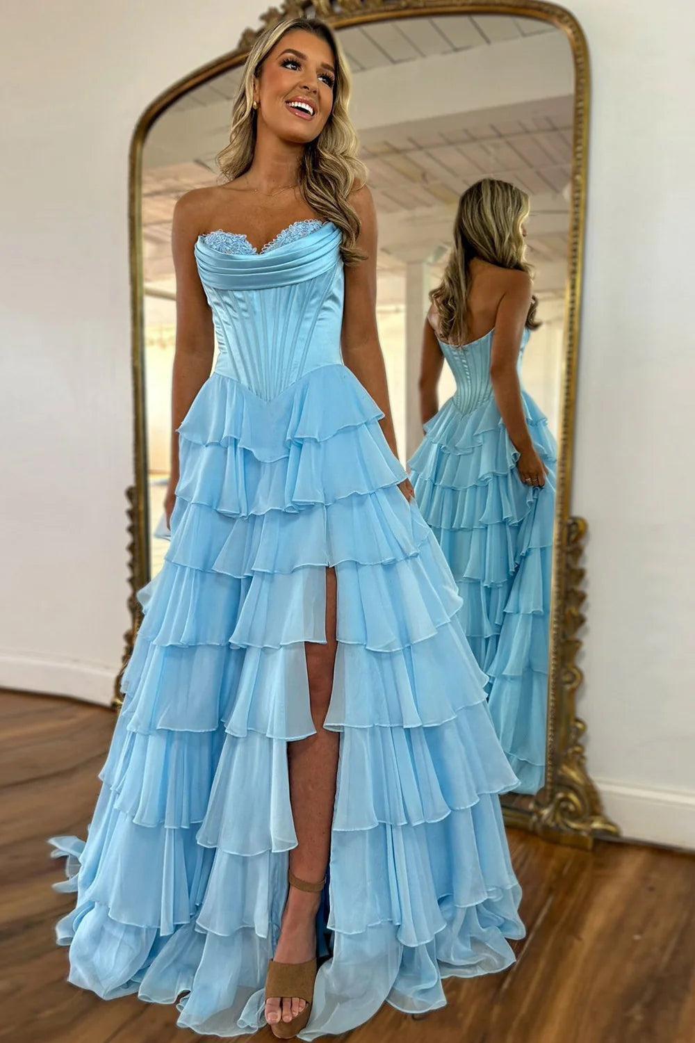 Suzhoufashion Pretty Sweetheart A-Line Satin Top Long Layered Chiffon Prom Dress With Slit Formal Evening Gown