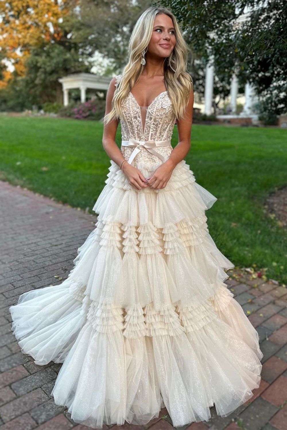 Champagne A-Line Off The Shoulder Long Tulle Prom Dress With Split And Sash - VelvetHem