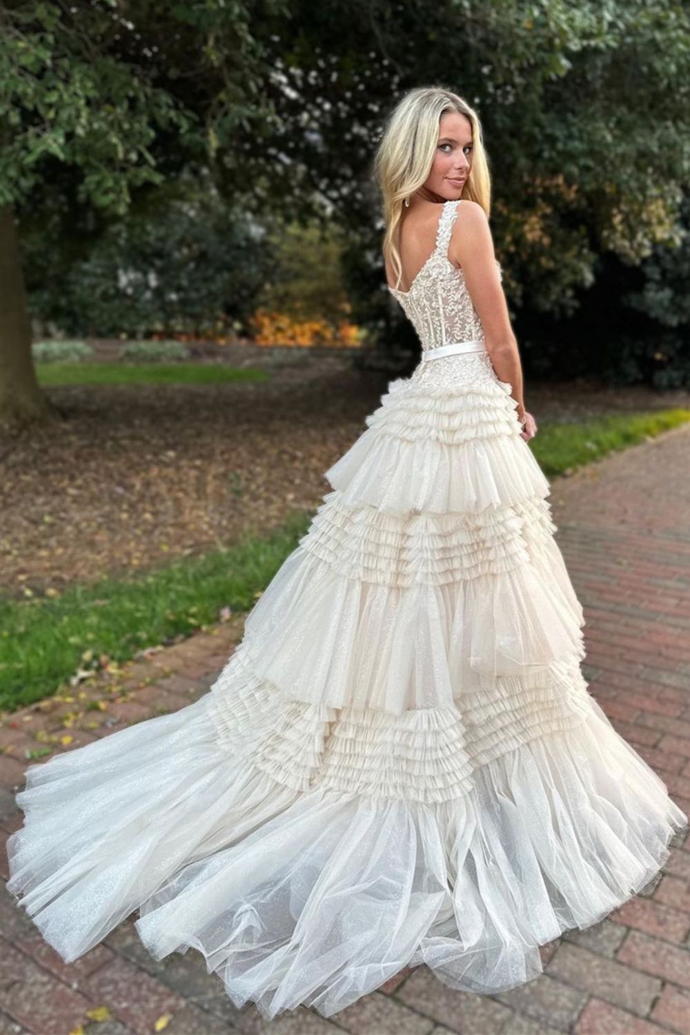 Champagne A-Line Off The Shoulder Long Tulle Prom Dress With Split And Sash - View 2 | VelvetHem