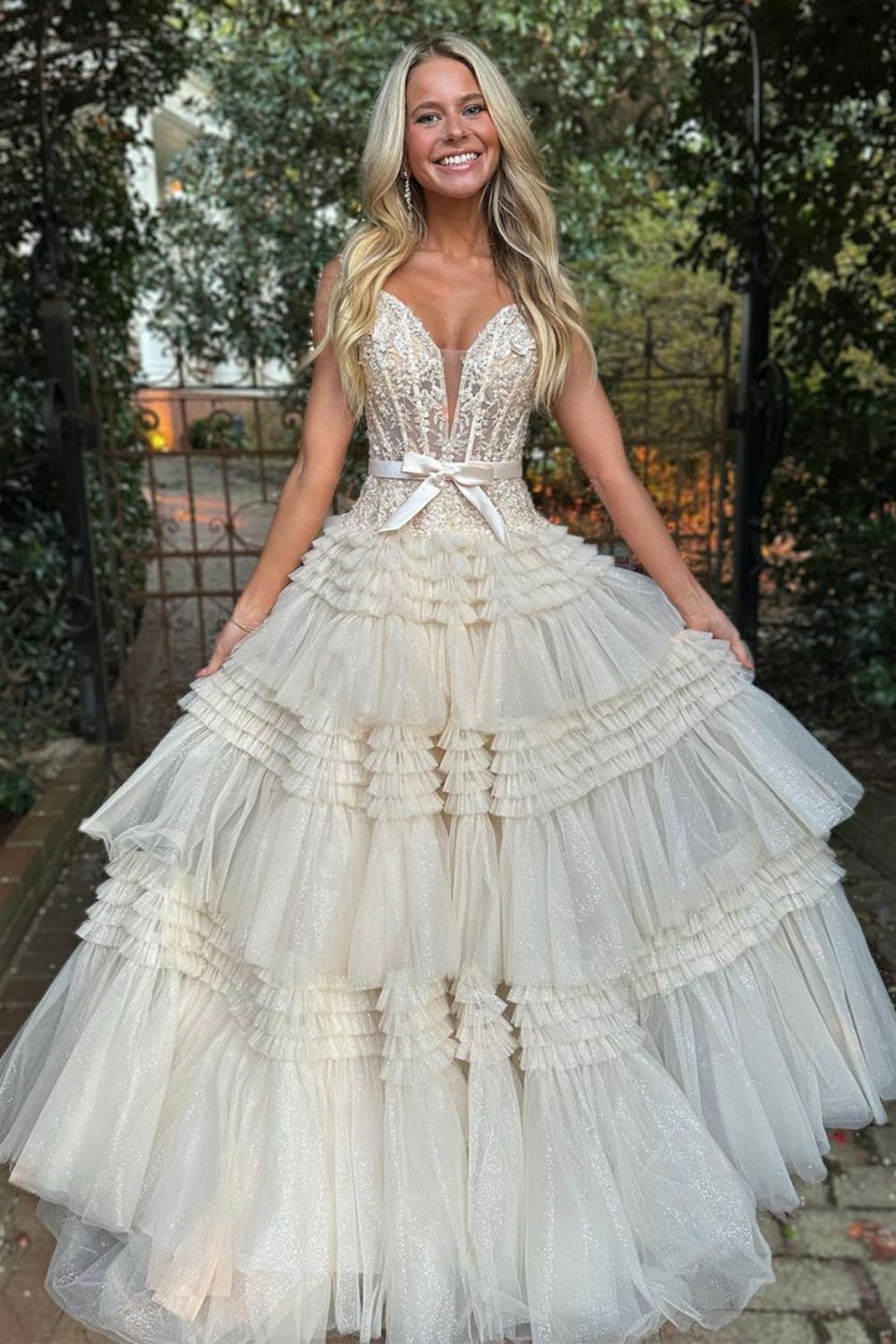 Champagne A-Line Off The Shoulder Long Tulle Prom Dress With Split And Sash - View 4 | VelvetHem