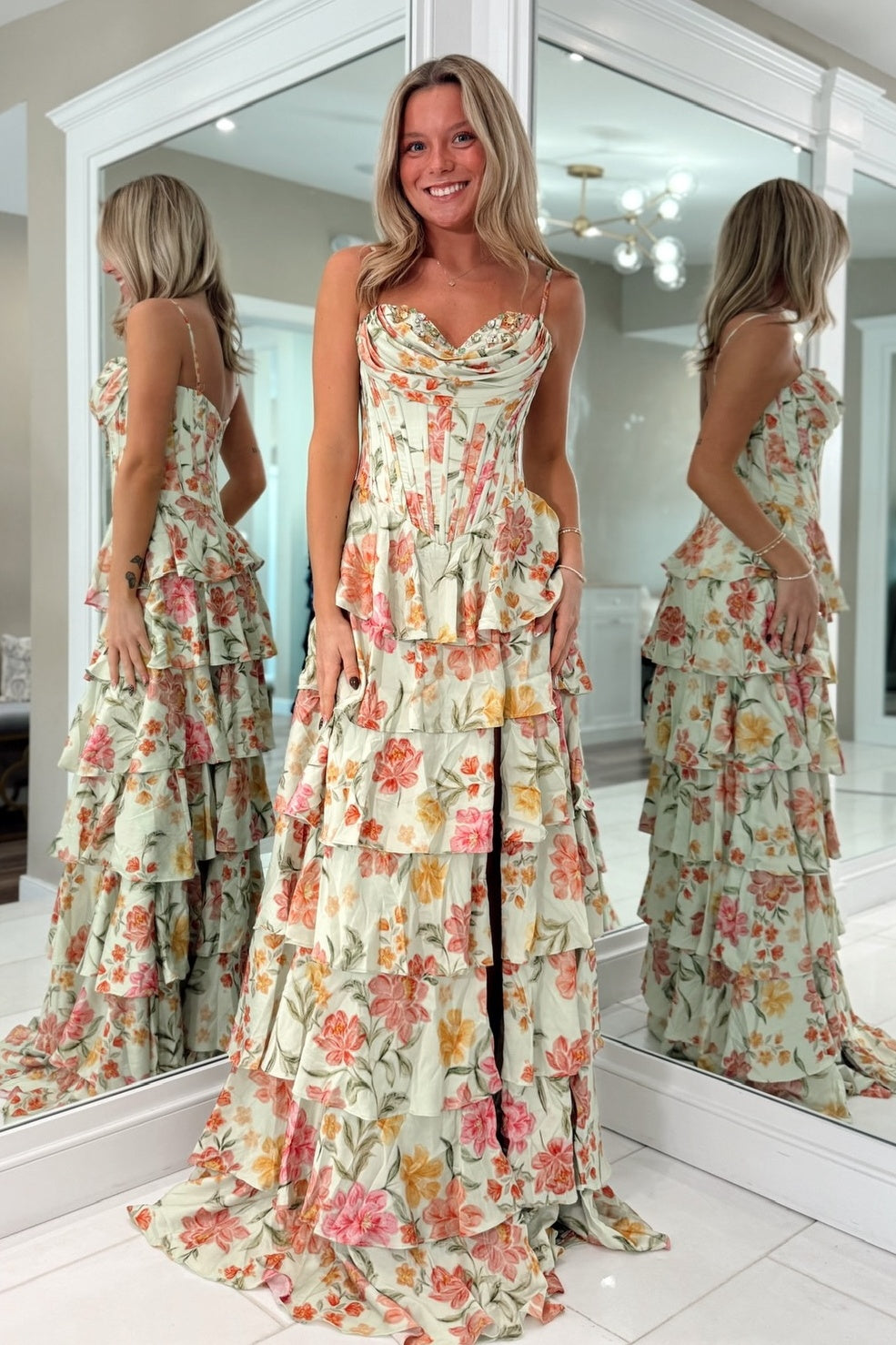 Pretty A Line Spaghetti Straps Light Green Floral Printed Corset Prom Dress with Ruffles