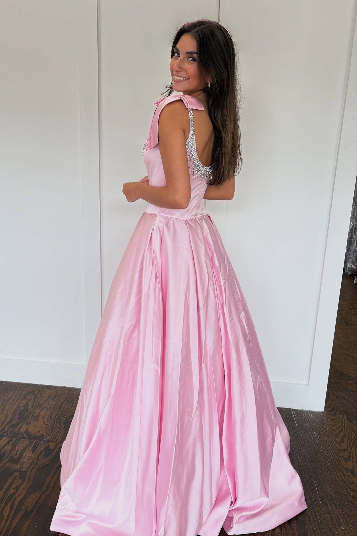 Pretty A Line Spaghetti Straps Pink Long Prom Dress with Beading - View 2 | VelvetHem