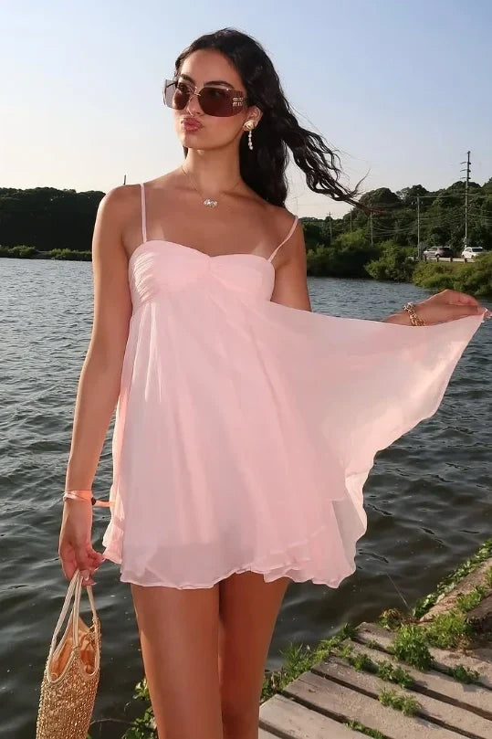 Pretty A Line Spaghetti Straps Pink Short Homecoming Dress with Ruffles