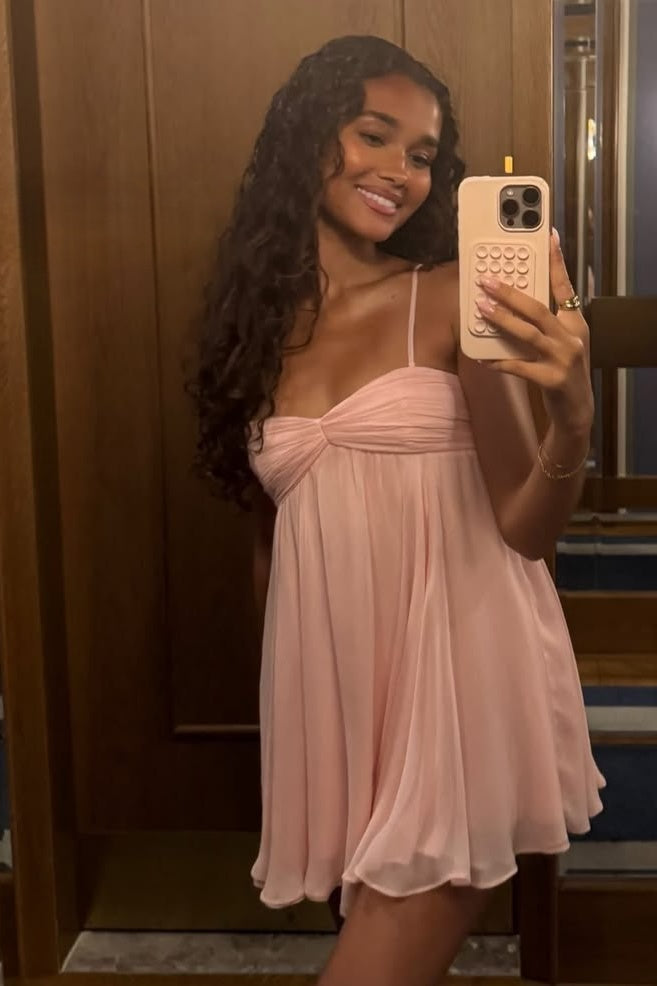 Pretty A Line Spaghetti Straps Pink Short Homecoming Dress with Ruffles